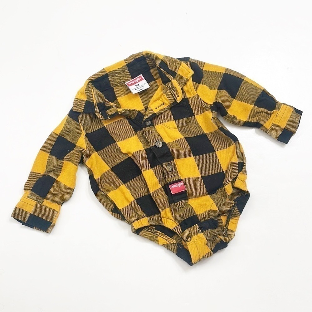 Wrangler gold/black plaid flannel button down baby bodysuit